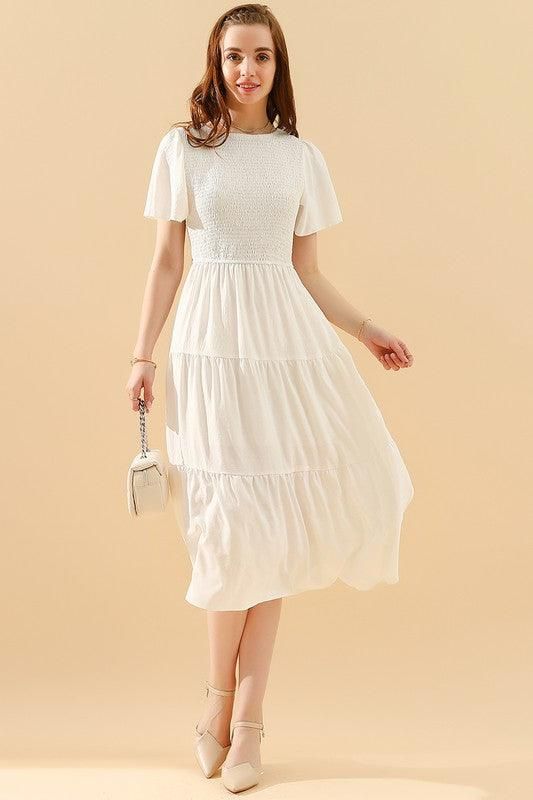 SHORT BELL SLEEVE CREW NECK SWING DRESS - Doublju