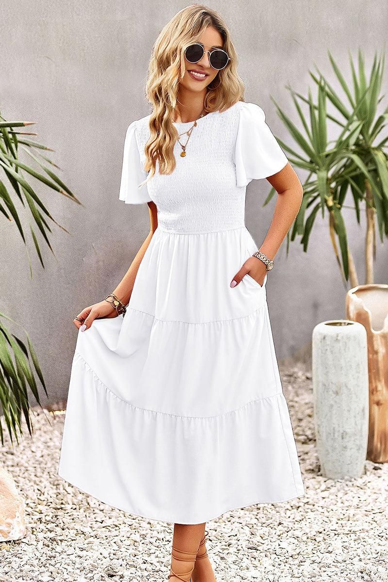 SHORT BELL SLEEVE CREW NECK SWING DRESS - Doublju