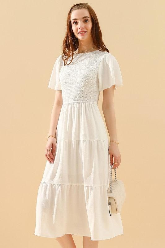 SHORT BELL SLEEVE CREW NECK SWING DRESS - Doublju