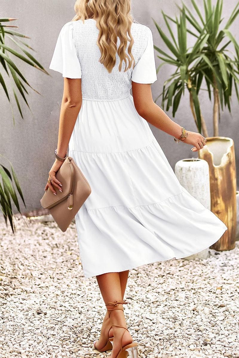 SHORT BELL SLEEVE CREW NECK SWING DRESS - Doublju