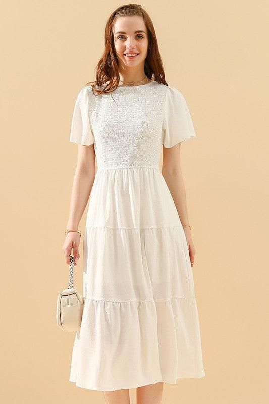 SHORT BELL SLEEVE CREW NECK SWING DRESS - Doublju