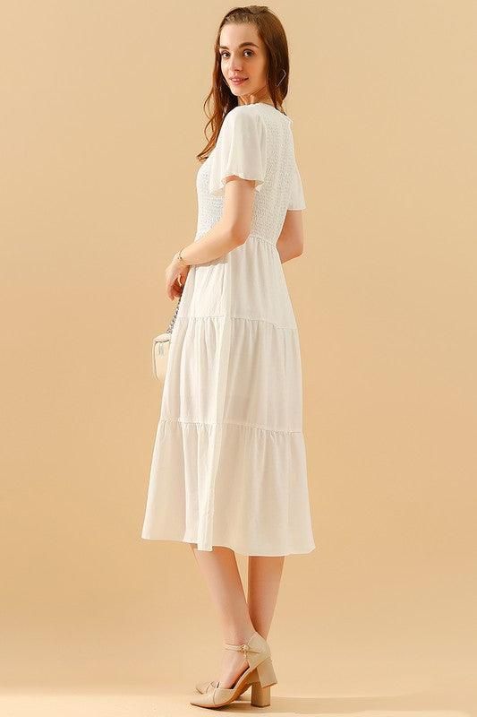 SHORT BELL SLEEVE CREW NECK SWING DRESS - Doublju