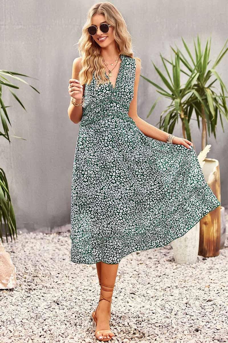 SLEEVELESS LACED V NECK CASUAL DRESS - Doublju