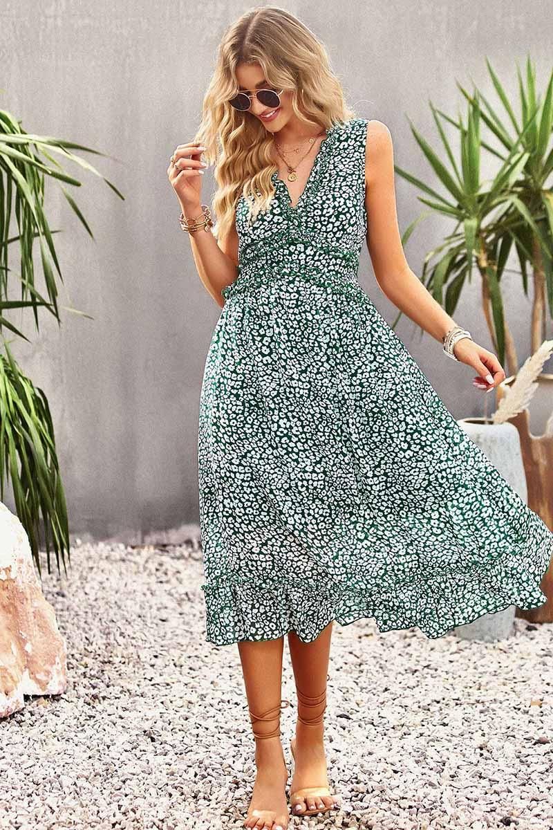 SLEEVELESS LACED V NECK CASUAL DRESS - Doublju