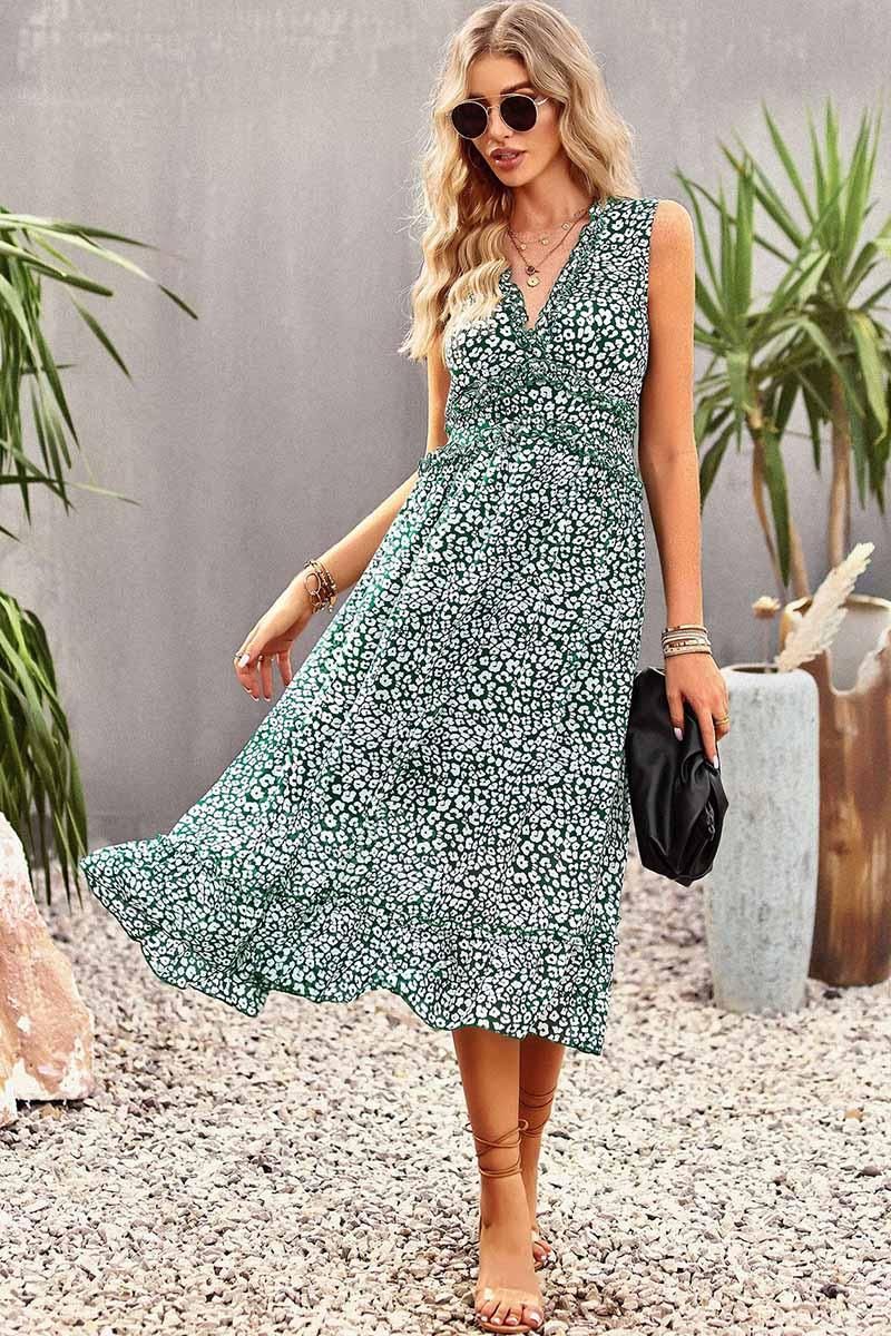 SLEEVELESS LACED V NECK CASUAL DRESS - Doublju