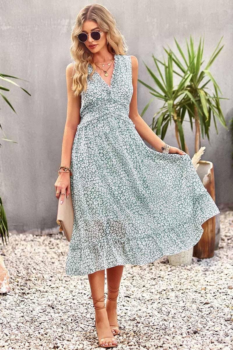 SLEEVELESS LACED V NECK CASUAL DRESS - Doublju