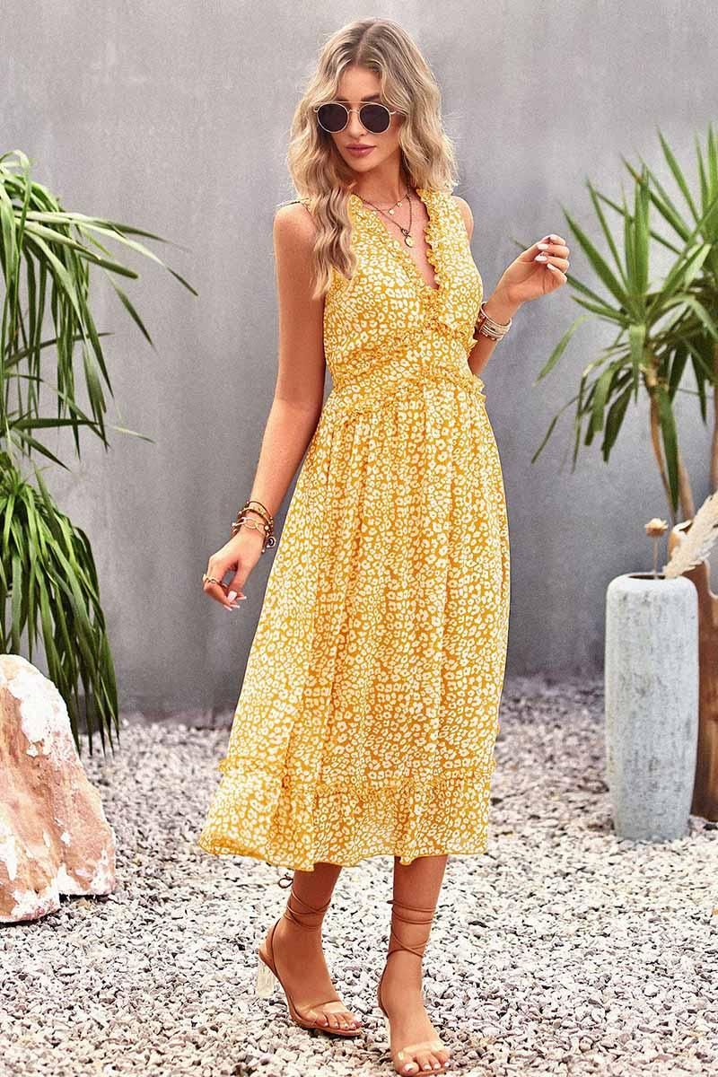 SLEEVELESS LACED V NECK CASUAL DRESS - Doublju