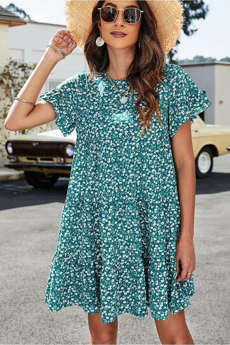 MULTI PATTERNED RUFFLE SLEEVE MIDI DRESS - Doublju