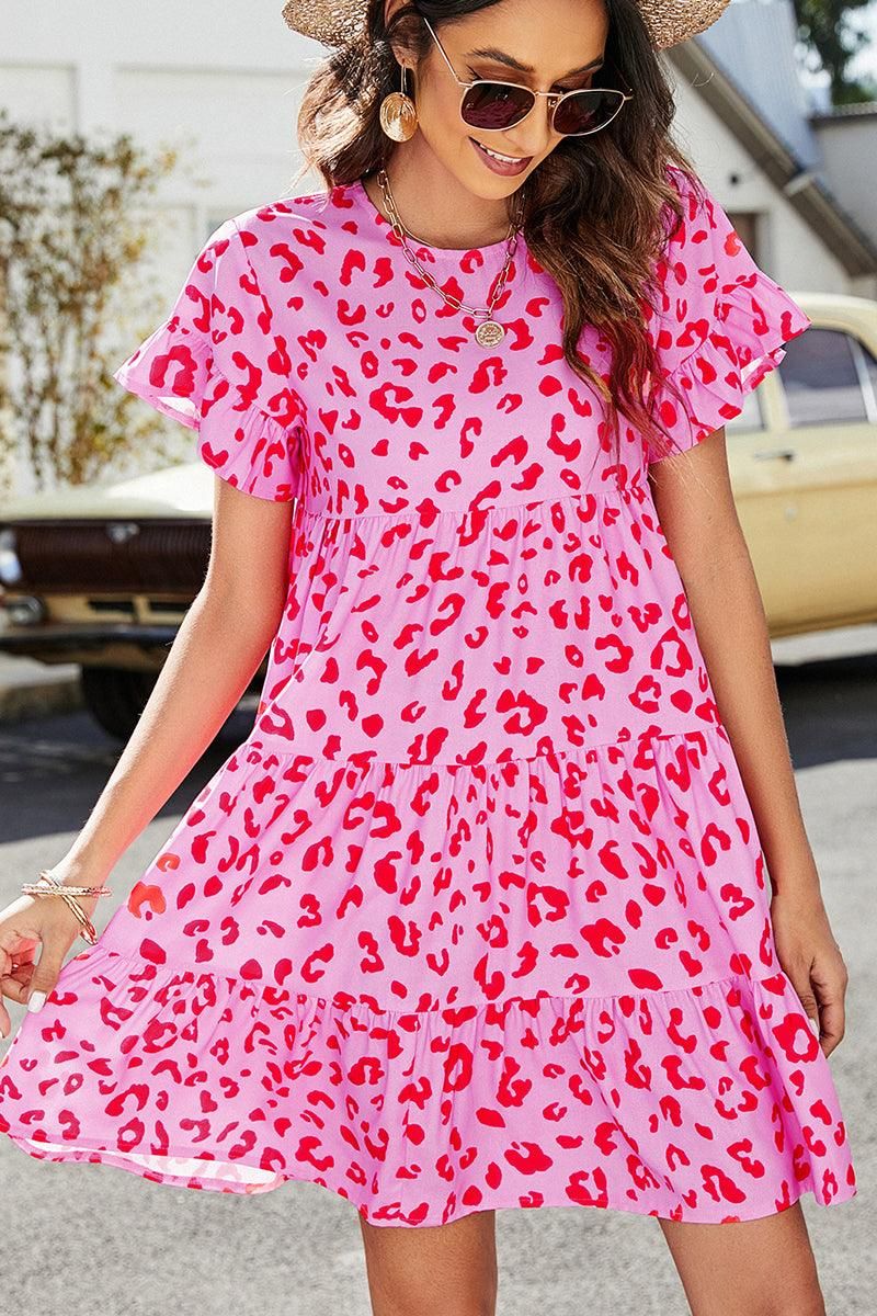 MULTI PATTERNED RUFFLE SLEEVE MIDI DRESS - Doublju