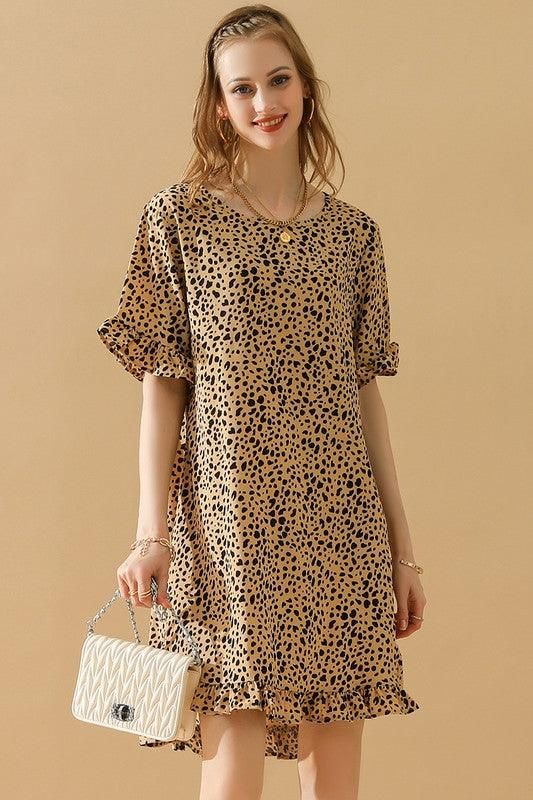 LEOPARD PRINTING RUFFLED SHORT SLEEVE DRESS - Doublju