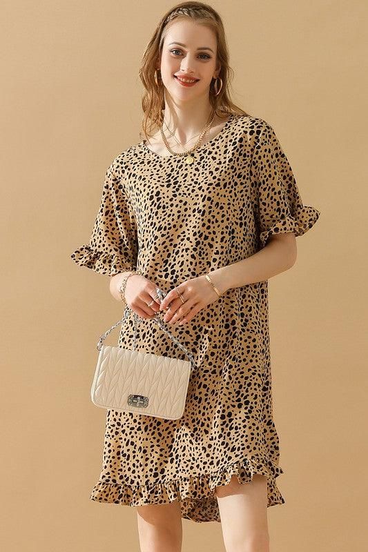 LEOPARD PRINTING RUFFLED SHORT SLEEVE DRESS - Doublju