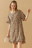 LEOPARD PRINTING RUFFLED SHORT SLEEVE DRESS - Doublju