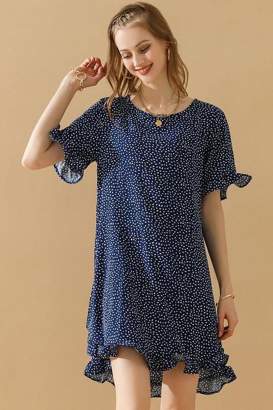 LEOPARD PRINTING RUFFLED SHORT SLEEVE DRESS - Doublju