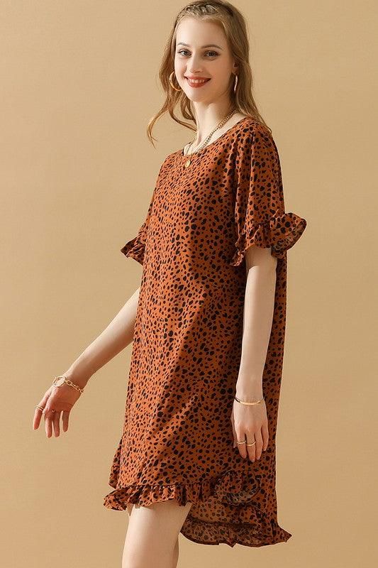 LEOPARD PRINTING RUFFLED SHORT SLEEVE DRESS - Doublju