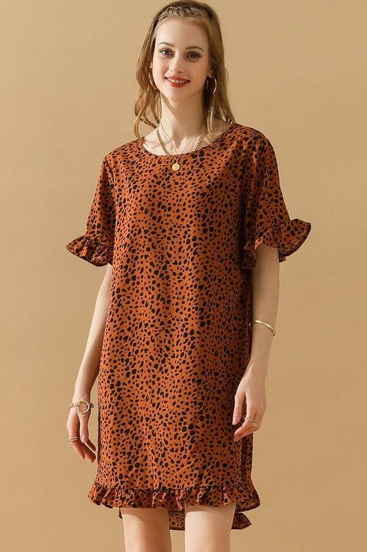 LEOPARD PRINTING RUFFLED SHORT SLEEVE DRESS - Doublju