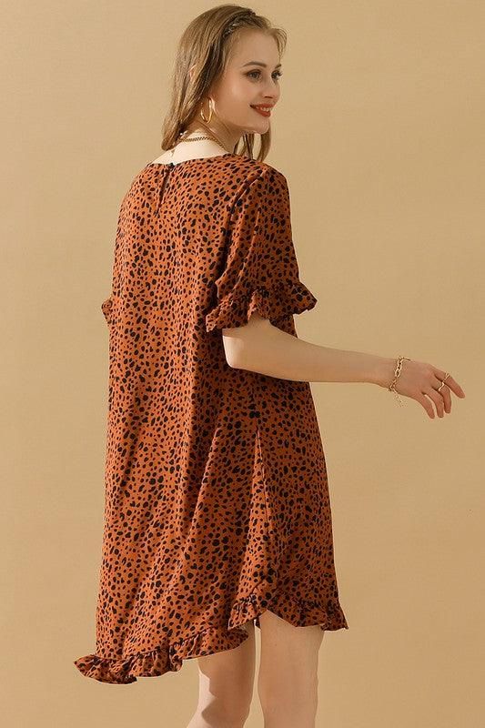 LEOPARD PRINTING RUFFLED SHORT SLEEVE DRESS - Doublju