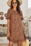 LEOPARD PRINTING RUFFLED SHORT SLEEVE DRESS - Doublju