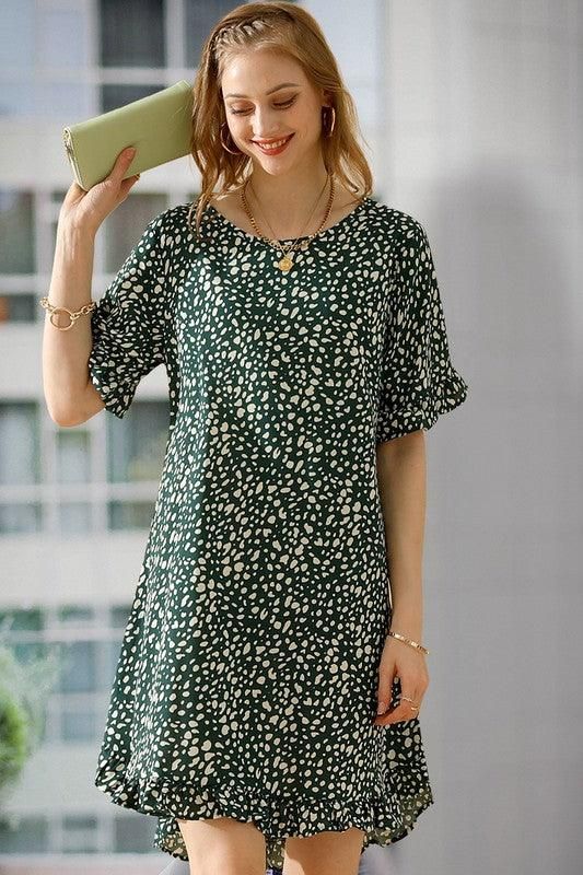 LEOPARD PRINTING RUFFLED SHORT SLEEVE DRESS - Doublju