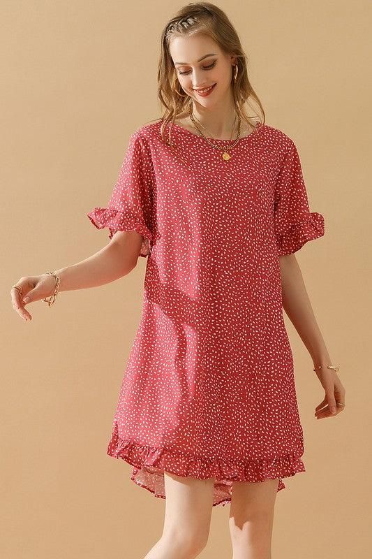 LEOPARD PRINTING RUFFLED SHORT SLEEVE DRESS - Doublju