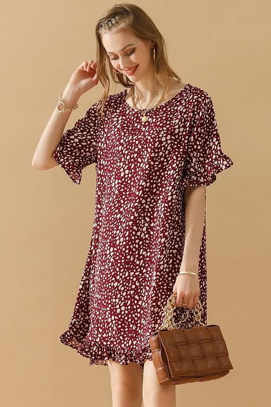 LEOPARD PRINTING RUFFLED SHORT SLEEVE DRESS - Doublju