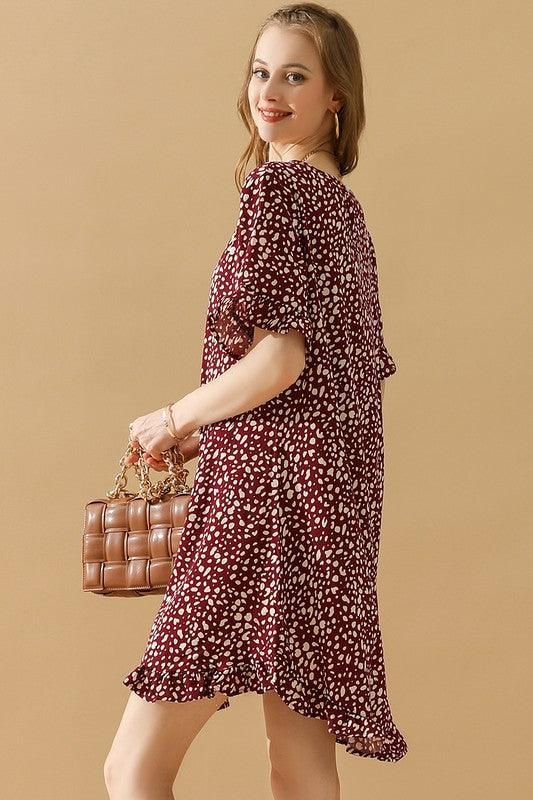 LEOPARD PRINTING RUFFLED SHORT SLEEVE DRESS - Doublju