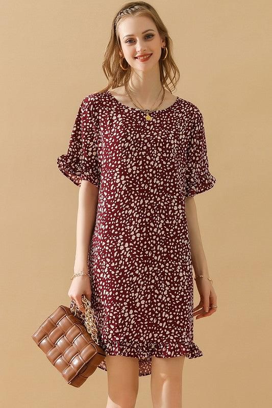 LEOPARD PRINTING RUFFLED SHORT SLEEVE DRESS - Doublju