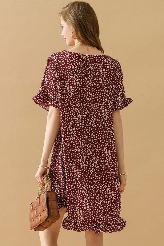 LEOPARD PRINTING RUFFLED SHORT SLEEVE DRESS - Doublju