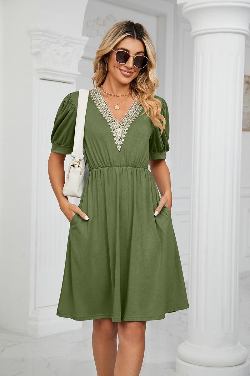 POCKET LACE V NECK BELTED SHORT SLEEVE DRESS - Doublju