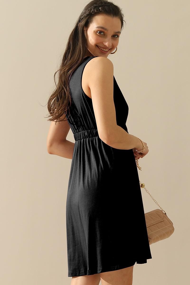 SLEEVELESS BUTTON POCKET SLIM WAIST DRESS - Doublju