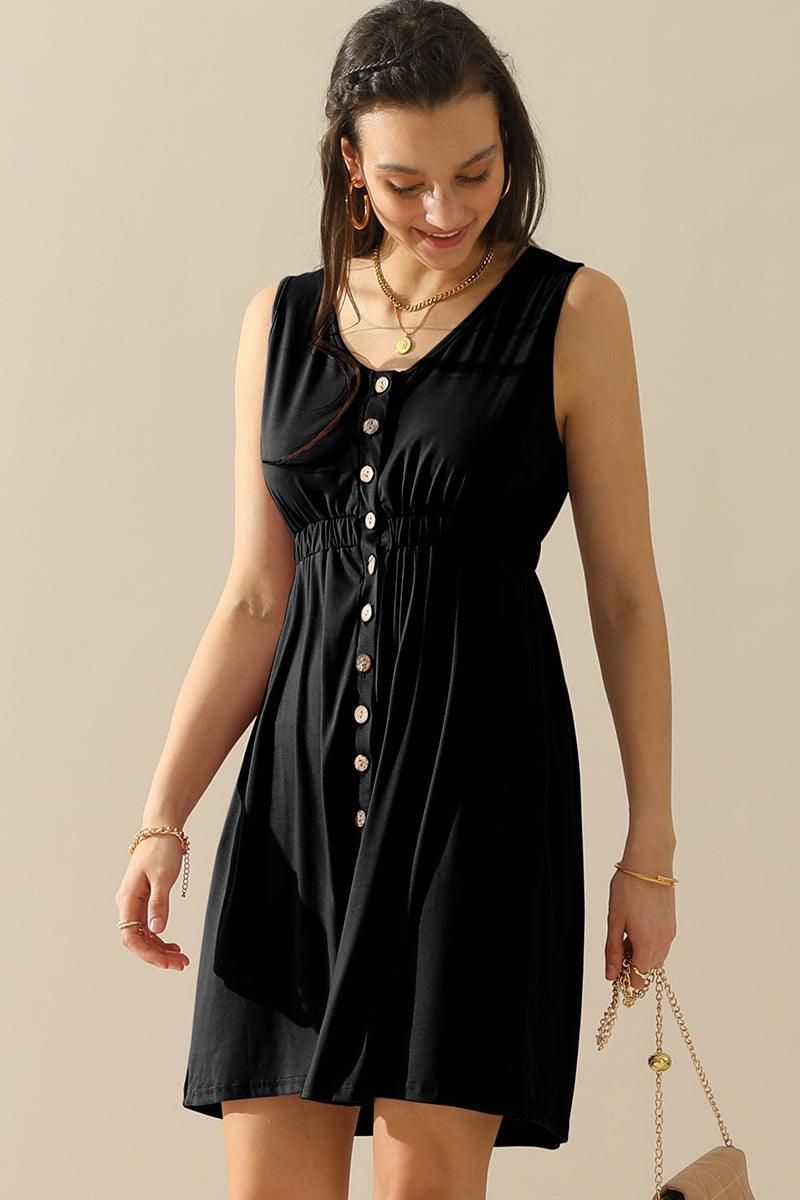 SLEEVELESS BUTTON POCKET SLIM WAIST DRESS - Doublju