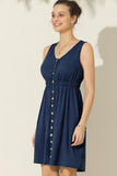 SLEEVELESS BUTTON POCKET SLIM WAIST DRESS - Doublju