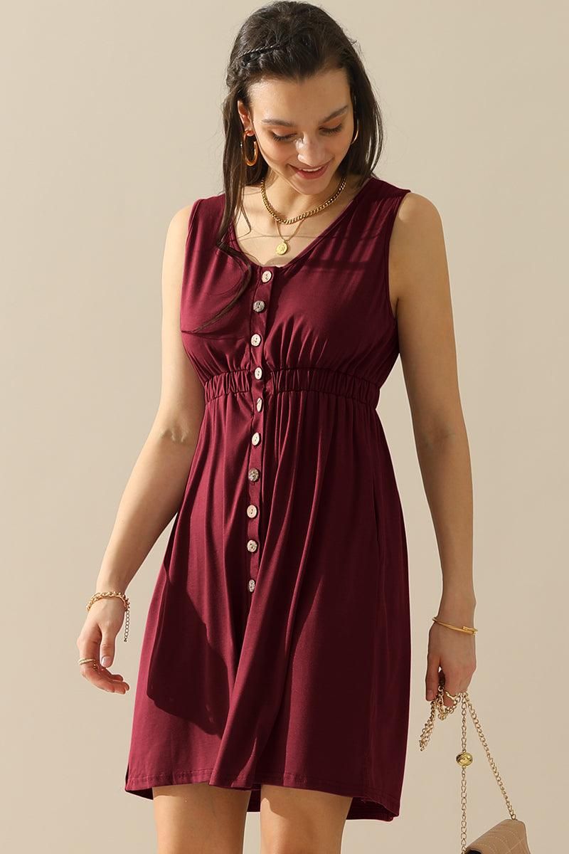 SLEEVELESS BUTTON POCKET SLIM WAIST DRESS - Doublju