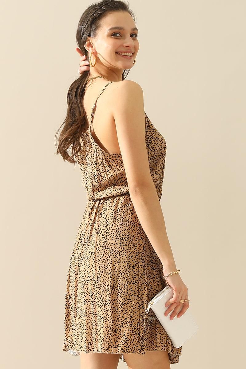 LEOPARD TIGHTEN WAIST SLEEVELESS MINI DRESS - Doublju