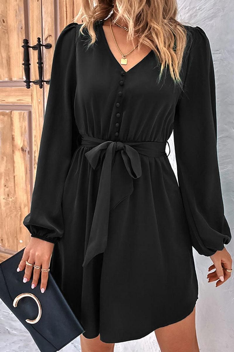 TIED WAIST BUTTON NECK LONG SLEEVE DRESS - Doublju