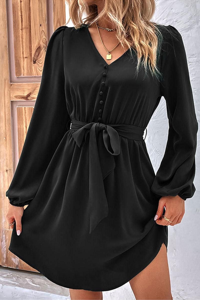 TIED WAIST BUTTON NECK LONG SLEEVE DRESS - Doublju