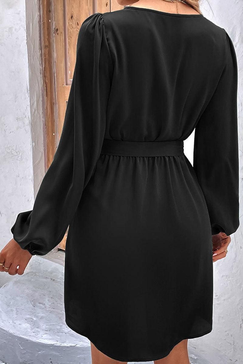 TIED WAIST BUTTON NECK LONG SLEEVE DRESS - Doublju