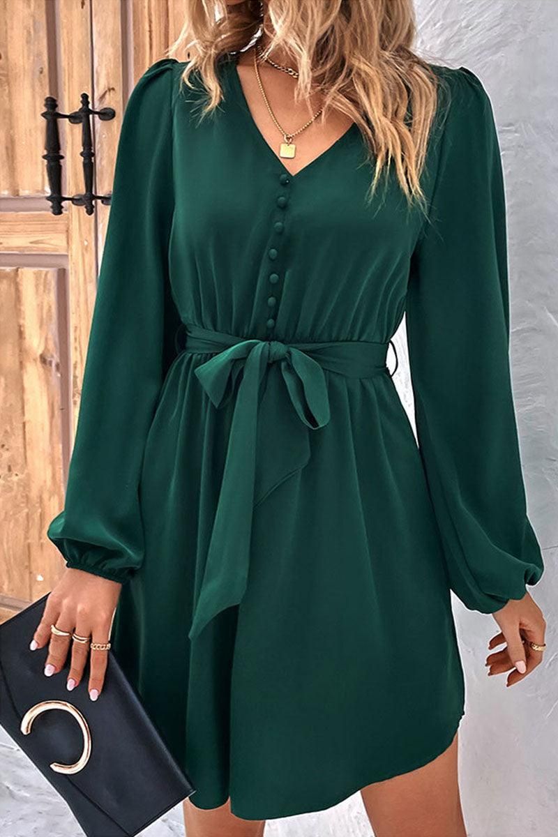 TIED WAIST BUTTON NECK LONG SLEEVE DRESS - Doublju