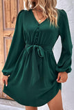 TIED WAIST BUTTON NECK LONG SLEEVE DRESS - Doublju