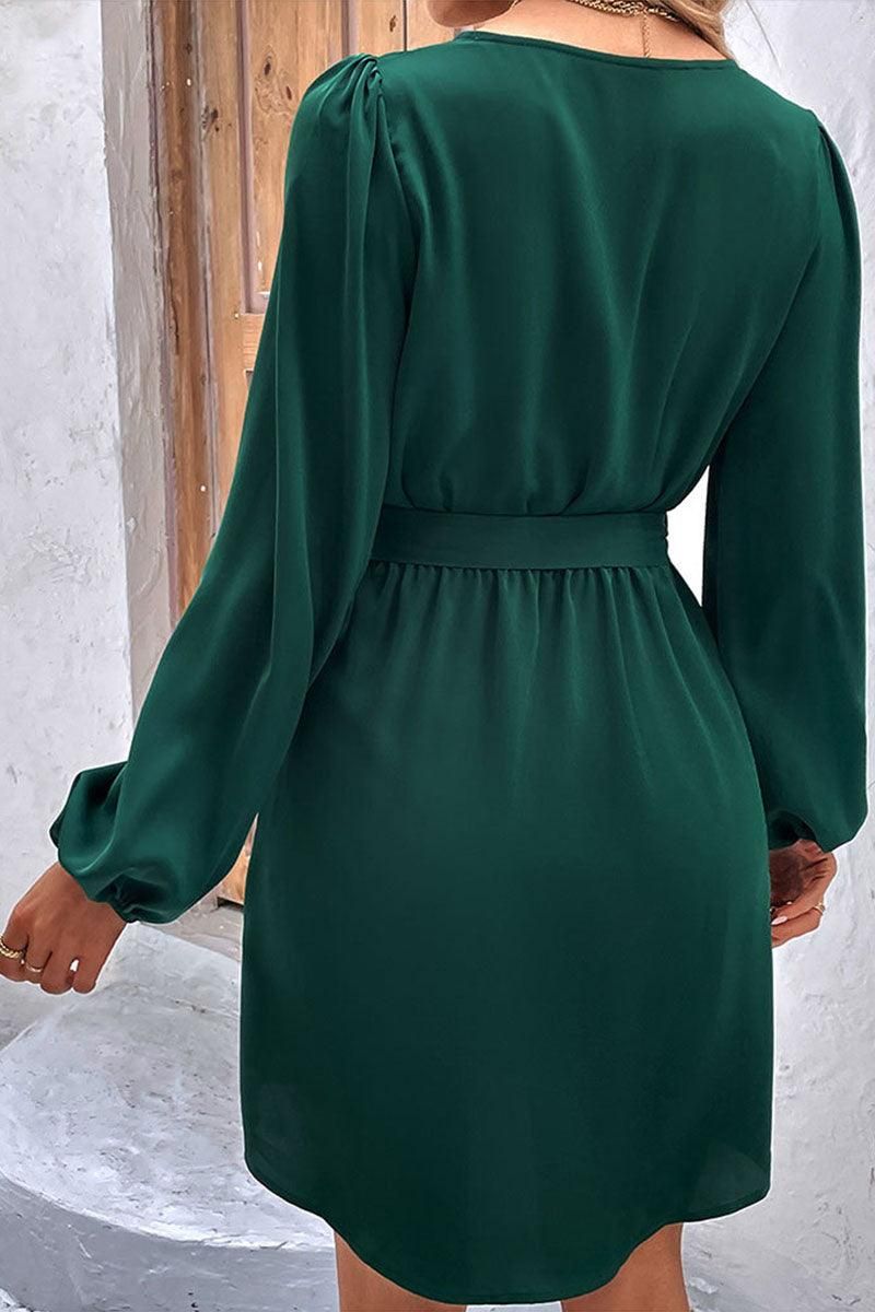 TIED WAIST BUTTON NECK LONG SLEEVE DRESS - Doublju