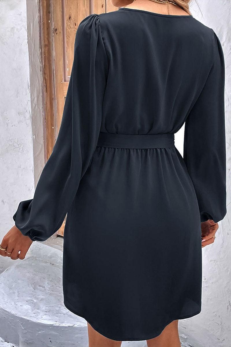 TIED WAIST BUTTON NECK LONG SLEEVE DRESS - Doublju