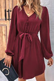 TIED WAIST BUTTON NECK LONG SLEEVE DRESS - Doublju