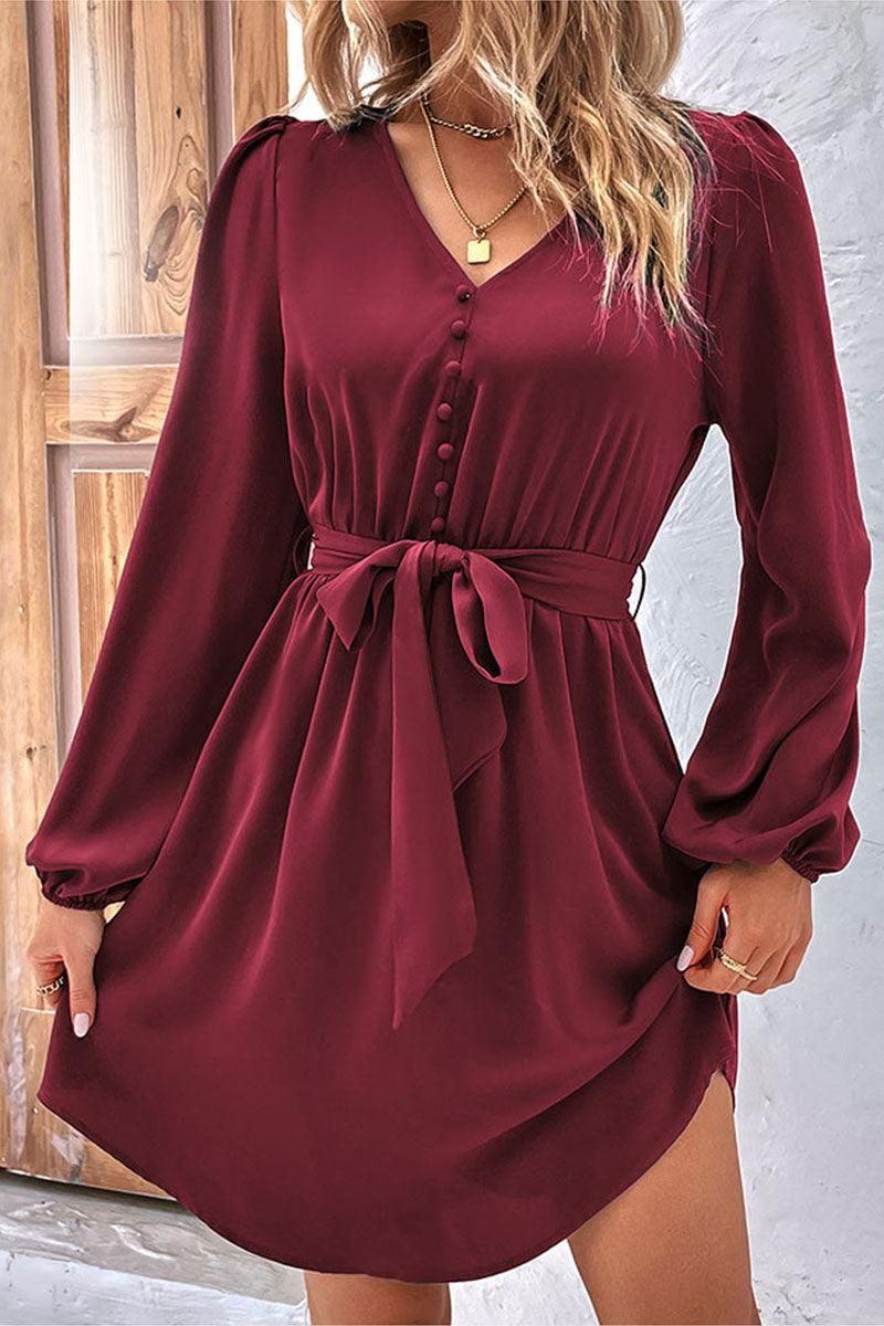 TIED WAIST BUTTON NECK LONG SLEEVE DRESS - Doublju