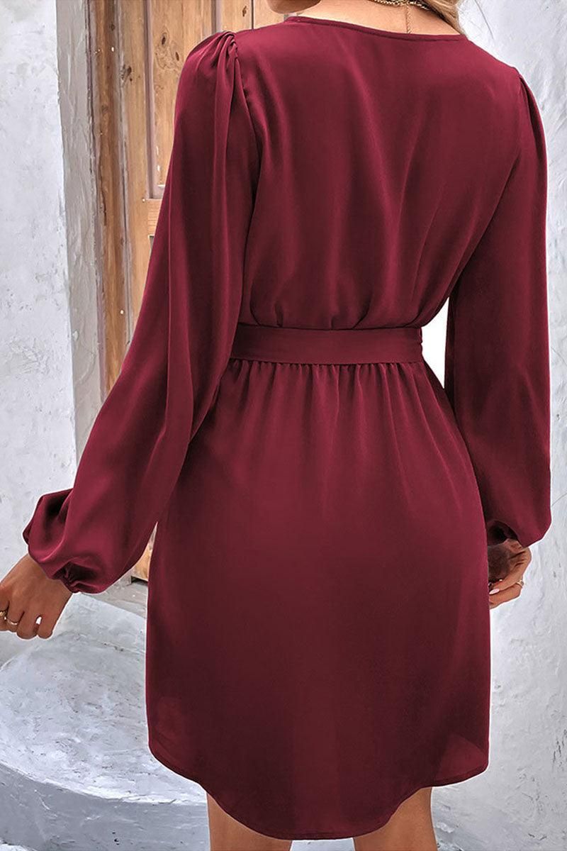 TIED WAIST BUTTON NECK LONG SLEEVE DRESS - Doublju