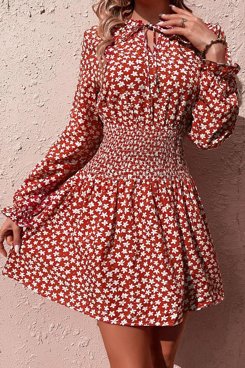 FLORAL SLEEVE SLIM WAIST DRESS - Doublju