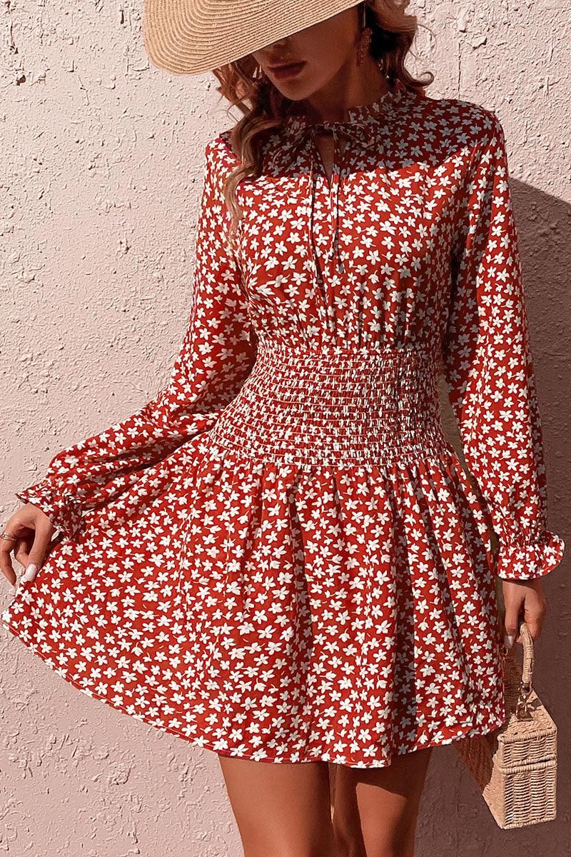 FLORAL SLEEVE SLIM WAIST DRESS - Doublju