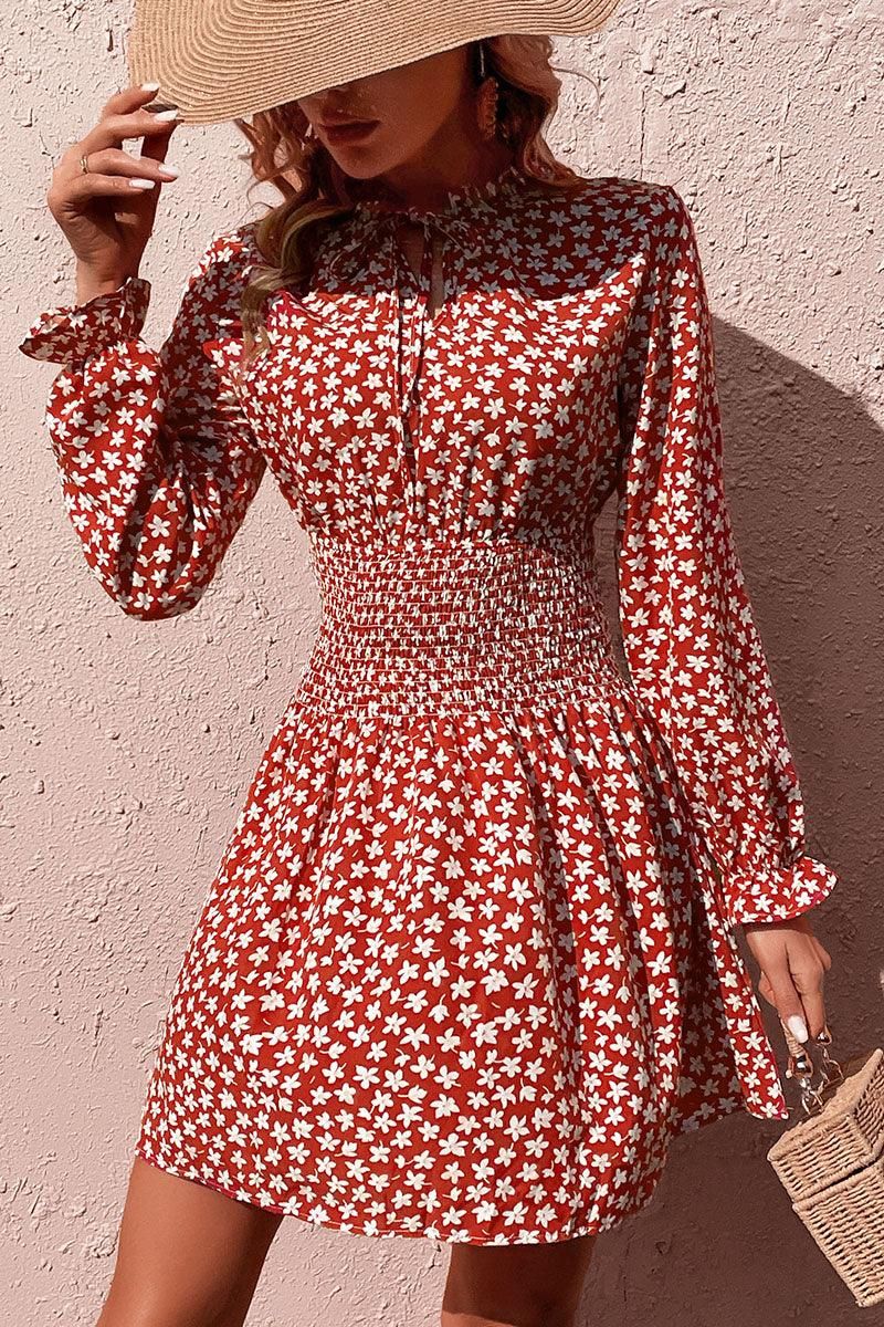 FLORAL SLEEVE SLIM WAIST DRESS - Doublju