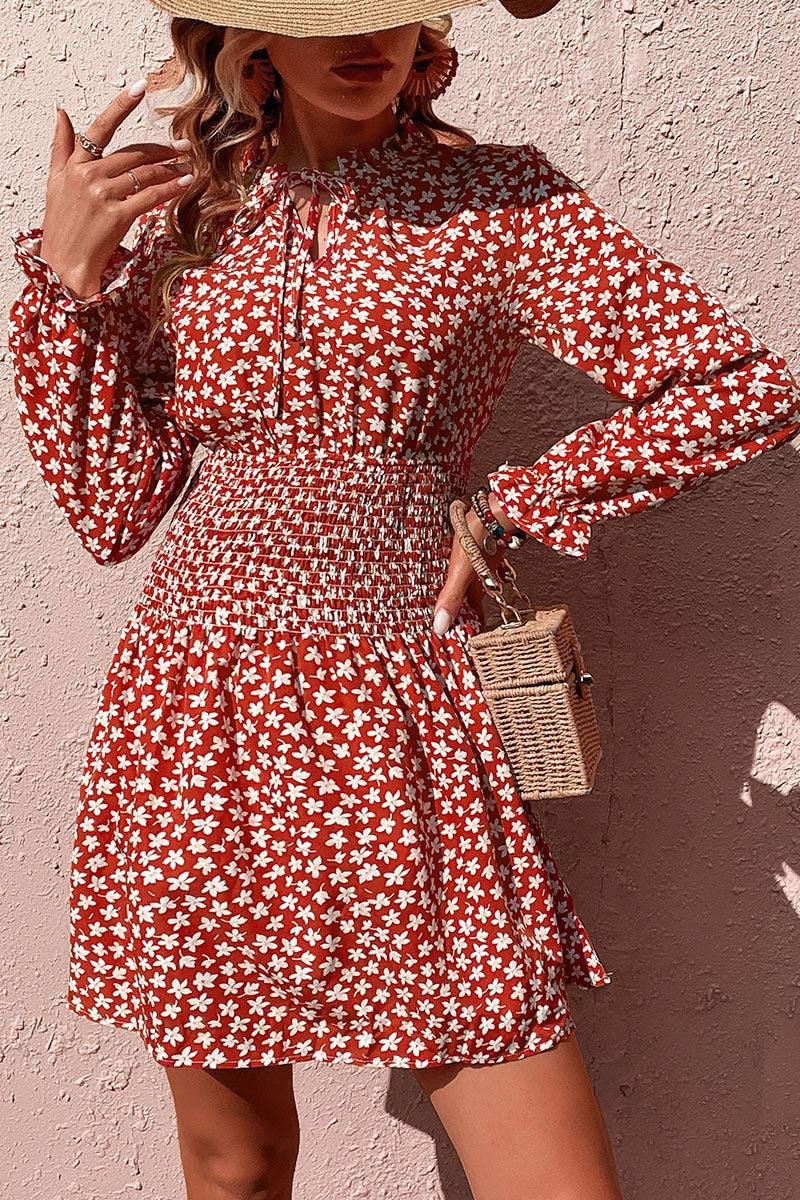 FLORAL SLEEVE SLIM WAIST DRESS - Doublju