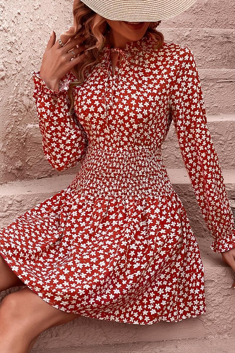 FLORAL SLEEVE SLIM WAIST DRESS - Doublju