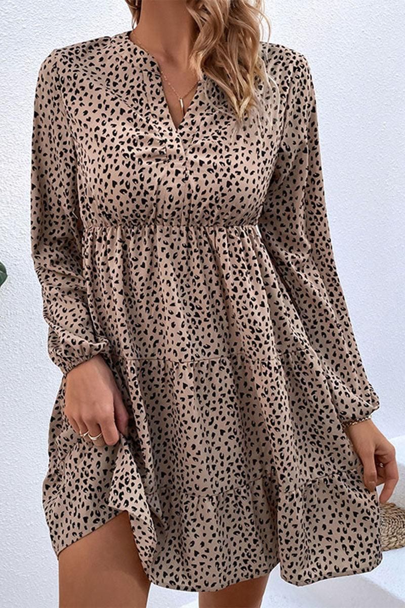 LEOPARD RUFFLE LONG SLEEVE DRESS - Doublju