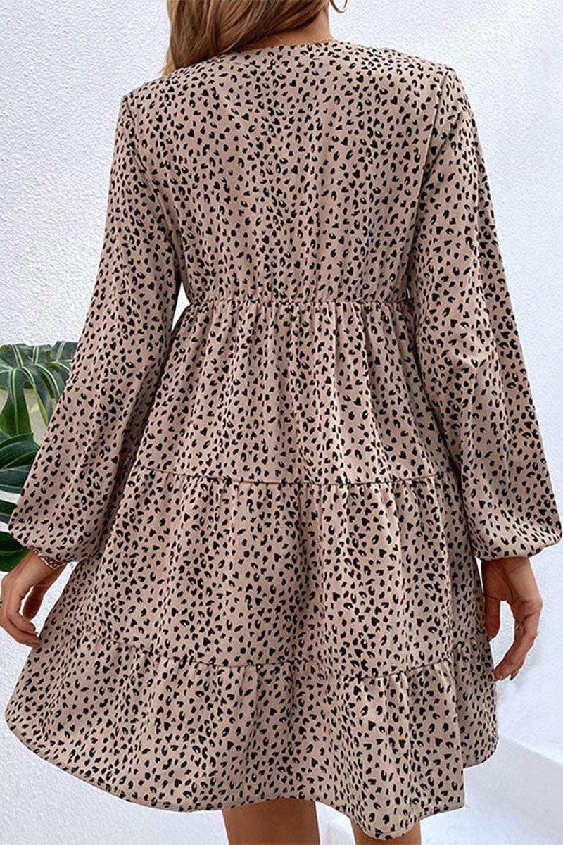 LEOPARD RUFFLE LONG SLEEVE DRESS - Doublju